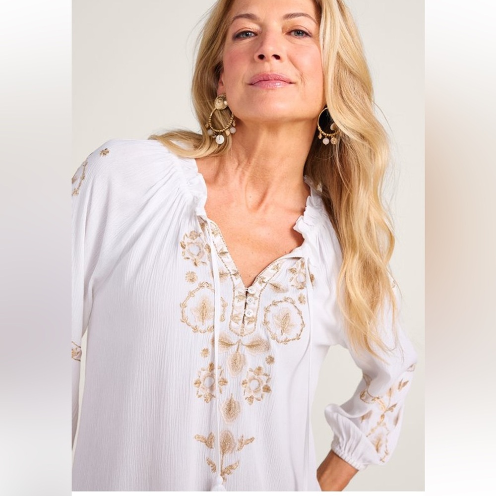Soft Surroundings Embroidered Peasant Blouse White Gold | petite large - Picture 4 of 14
